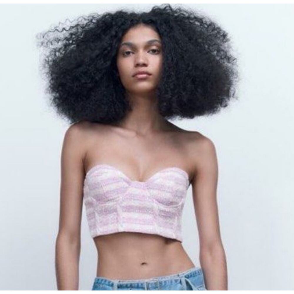 🧺 5 for $25 Sale NWT Zara Purple Tweed Plaid Bustier Corset Crop Top Small